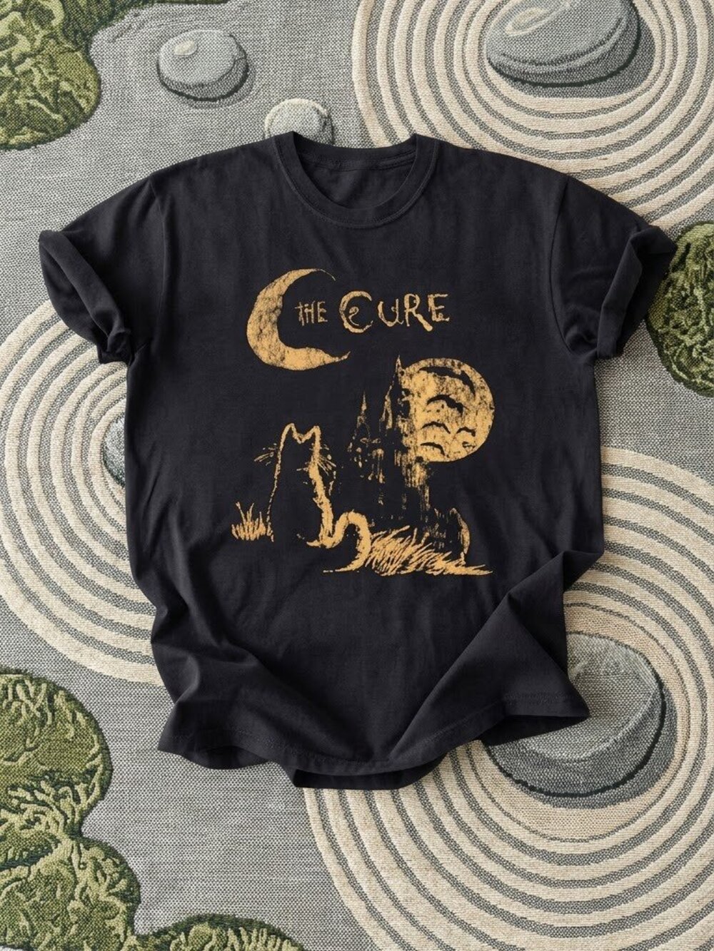 "The Cure" Gothic Cat & Moon Black Graphic T-Shirt